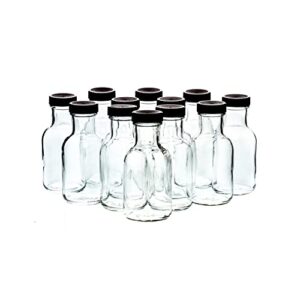 Set of 8oz Glass Bottles with Black Plastic Caps | Reusable Stout Flint Glass Bottles with Lids for Juicing, Kombucha, Liquids | Made in USA | 8 oz Glass Bottles (Total of 12)