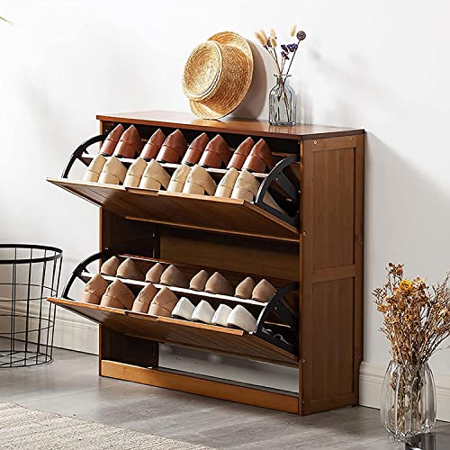 SoOSSN Farmhouse Entry Decorative Furniture,Natural Bamboo Shoe Cabinet Hidden Shoe Storage,Rustic Entryway Cabinet Shoe Organizer with Shoe Rack (Color : Two Drawers-Double Layer, Size : 39x9x30inc