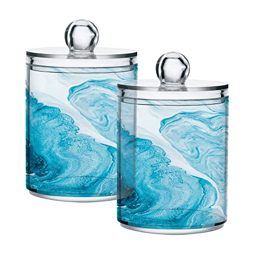 2 Pack Qtip Holder Organizer Dispenser Abstract Blue Marble Bathroom Storage Canister Cotton Ball Holder Bathroom Containers for Cotton Swabs/Pads/Floss