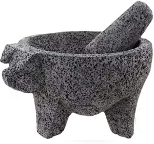 yopido mx molcajete 9 inch with pig design; spice mortar; made with volcanic stone; molcajete handmade in méxico; guacamole and salsa maker; includes pestle stone