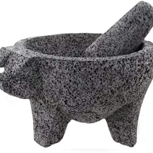 YOPIDO MX Molcajete 9 inch with Pig Design; Spice Mortar; Made with Volcanic Stone; Molcajete Handmade in México; Guacamole and Salsa Maker; Includes Pestle Stone