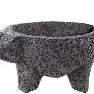 YOPIDO MX Molcajete 9 inch with Pig Design; Spice Mortar; Made with Volcanic Stone; Molcajete Handmade in México; Guacamole and Salsa Maker; Includes Pestle Stone