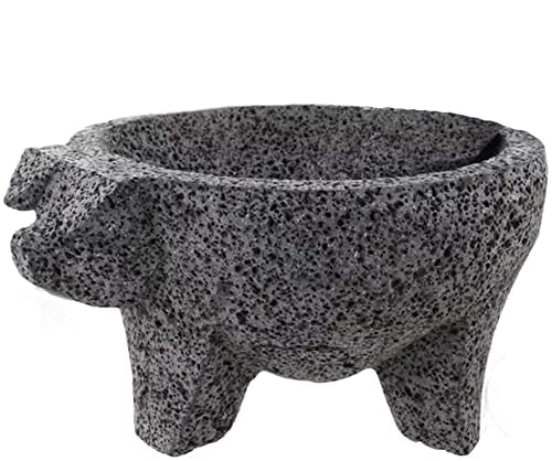 YOPIDO MX Molcajete 9 inch with Pig Design; Spice Mortar; Made with Volcanic Stone; Molcajete Handmade in México; Guacamole and Salsa Maker; Includes Pestle Stone