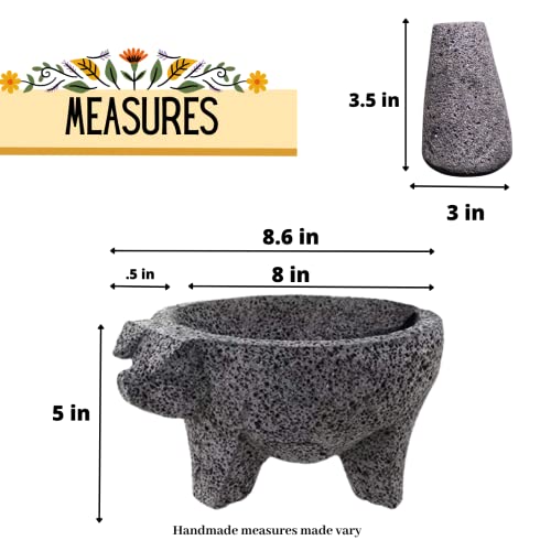 YOPIDO MX Molcajete 9 inch with Pig Design; Spice Mortar; Made with Volcanic Stone; Molcajete Handmade in México; Guacamole and Salsa Maker; Includes Pestle Stone