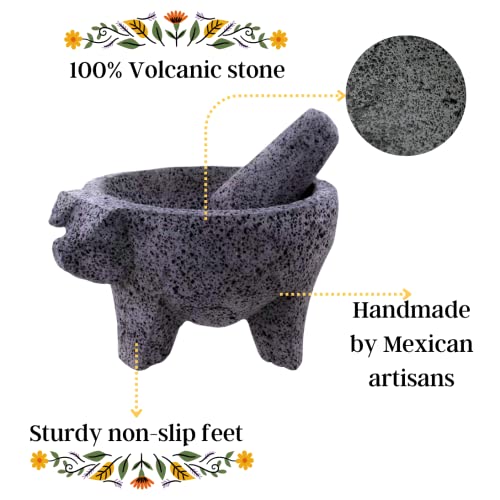 YOPIDO MX Molcajete 9 inch with Pig Design; Spice Mortar; Made with Volcanic Stone; Molcajete Handmade in México; Guacamole and Salsa Maker; Includes Pestle Stone