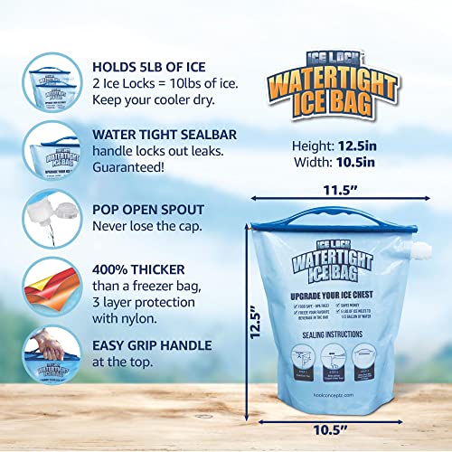 Large Leakproof Ice Bag. Reusable Ice Pack for Cooler - 2 Long Lasting Instant Cooler Ice Packs - Drop in Cubed Ice To Make Cold, Dry Freezer Packs for Coolers - Drink your ice when it melts.