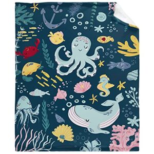 Thuswarm Cute Blue Sea Creatures Octopus Whale Flannel Blanket for Autumn Winter Gifts Warm Cozy Soft Funny Print Throw for Bed Couch Sofa 50”×40” Small for Kid