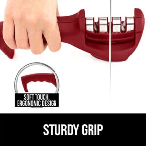 Gorilla Grip Easy to Use Knife Sharpener, 3 Sharpening Options to Help Polish, Sharpen and Repair Kitchen Knives, Restore Dull Blades, Slip Resistant Handle, Durable, Professional Chef Quality, Red