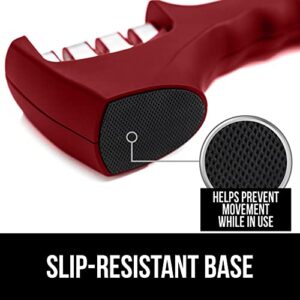 Gorilla Grip Easy to Use Knife Sharpener, 3 Sharpening Options to Help Polish, Sharpen and Repair Kitchen Knives, Restore Dull Blades, Slip Resistant Handle, Durable, Professional Chef Quality, Red