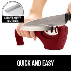 Gorilla Grip Easy to Use Knife Sharpener, 3 Sharpening Options to Help Polish, Sharpen and Repair Kitchen Knives, Restore Dull Blades, Slip Resistant Handle, Durable, Professional Chef Quality, Red