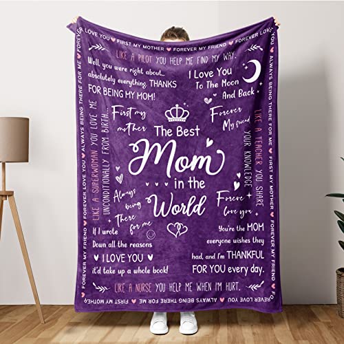 BeneCharm Gifts for Mom, Mothers Day Blanket Gifts for Mom 60"x50" - Mom Birthday Gifts from Daughter Son, I Love You Mom Gifts Soft Cozy Throw Blanket (Purple)