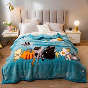 korean mink blanket plush blanket queen size 80" x 90",8 pounds heavy fleece blanket silky soft warm 2 ply cat family blue throw a&b printed raschel bed blanket
