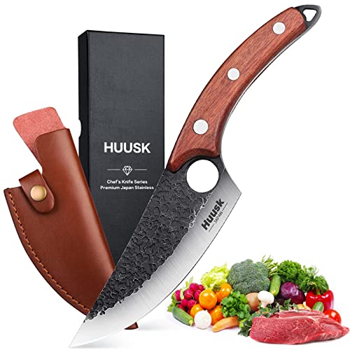 Huusk Viking Knife, Japanese Meat Cleaver Knives Forged Boning Knife with Sheath, High Carbon Steel Japan Butcher Fillet Knife Chef Knives for Kitchen, Camping