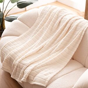 bertte plush throw blanket super soft fuzzy warm blanket | 330 gsm lightweight fluffy cozy luxury decorative stripe blanket for bed couch - 50"x 60", ivory white