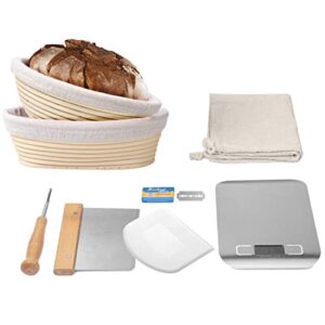la patisserie bread proofing basket – 11 piece bread baking kit with round and oval banneton basket, liners, dough scrapers, scoring lame, blades, digital scale, canvas bread bag