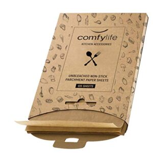 comfylife 120 x parchment paper sheets - no curl, no tear, no burn baking paper (16 x 12 inch) – precut parchment paper for baking – no chemical unbleached parchment paper – cookie paper baking sheets