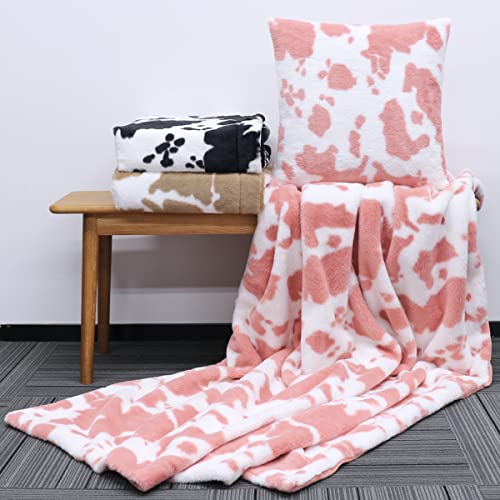 JELLYHB Cow Print Blanket Faux Fur Fleece Cow Hide Super Soft & Warm Plush Blanket for Sofa, Couch & Bedroom for Christmas Birthdays, Light Weight Fuzzy Cow Print Throw (Pink)