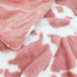 JELLYHB Cow Print Blanket Faux Fur Fleece Cow Hide Super Soft & Warm Plush Blanket for Sofa, Couch & Bedroom for Christmas Birthdays, Light Weight Fuzzy Cow Print Throw (Pink)