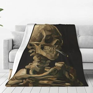 vincent van gogh painting throw blanket skull of a skeleton with burning cigarette plush fleece flannel blanket soft for sofa couch bed living room suitable for all seasons 60"x50"