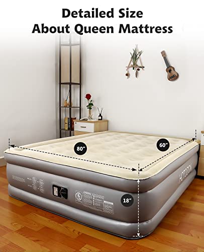 HOTOZON Queen Air Mattress with Built-in Pump, 18" Foldable Air Bed with Carry Bag, Luxury Elevated Inflatable Air Mattresses, Blow Up Airbed for Home, Camping & Guests, Grey