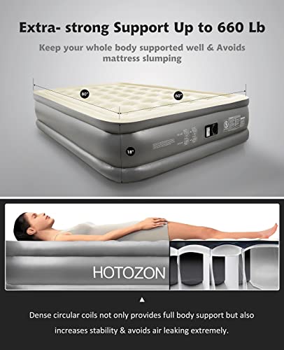 HOTOZON Queen Air Mattress with Built-in Pump, 18" Foldable Air Bed with Carry Bag, Luxury Elevated Inflatable Air Mattresses, Blow Up Airbed for Home, Camping & Guests, Grey
