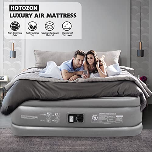 HOTOZON Queen Air Mattress with Built-in Pump, 18" Foldable Air Bed with Carry Bag, Luxury Elevated Inflatable Air Mattresses, Blow Up Airbed for Home, Camping & Guests, Grey