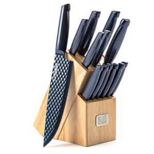 blue diamond sharp stone nonstick stainless steel cutlery, 14 piece wood knife block set with chef steak knives and more, diamond texture blade, dishwasher safe knives, blue