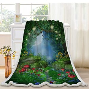 manerly sherpa throw blankets for sofa bed couch, magic fairy tale forest wiht mushrooms and lanterns printed blanket, soft cozy plush fleece blankets for kids adults gift, 50"x60"
