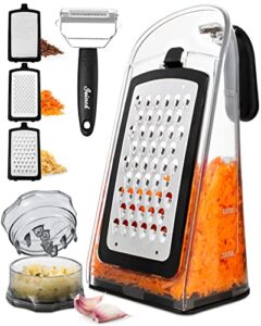 joined cheese grater with garlic crusher - box grater cheese shredder - cheese grater with handle - graters for kitchen stainless steel food grater - garlic mincer tool and vegetable peeler