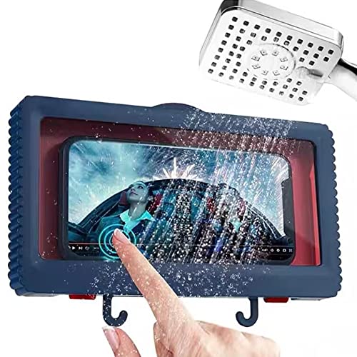 QeeHeng Shower Phone Holder, Waterproof Cell Phone Holder Box, Bathroom Phone Shelf Shower Glass Mirror Shower Mount Box Phone Holder Waterproof, Anti-Fog (Blue)