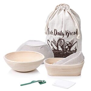 7 piece banneton basket set: 9 inch round+ 10x6x4 inch oval sourdough bread basket | bread lame+ dough bowl, bowl scraper+ bread bag | bread proofing basket sourdough starter for making homemade bread