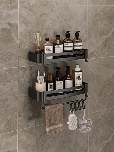 QWWSS Shower Caddy, Non-Marking self-Adhesive Shower with Removable 4 hooksframebathroom Must Haves，SUS304 Black Shower Organizer,Kitchen Spice rack-2-pack