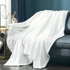 vessia flannel fleece white throw blanket(50x70 inch), lightweight couch white blanket, warm and soft stripe bed blanket, cozy comfy microfiber ribbed sofa blanket for all season