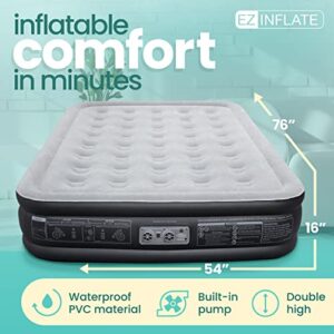 EZ INFLATE Air Mattress with Built in Pump - Full Size Double-High Inflatable Mattress with Flocked Top - Easy Inflate, Waterproof, Portable Blow Up Bed for Camping & Travel
