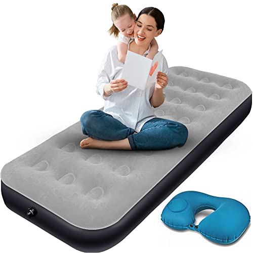 Camping Air Mattress Air Bed with Inflatable U-Shaped Pillow Single Air Mattress Blow Up Bed Thicken Air Mattresses Sleeping Pad for Camping Tent Car Travel Home Office ( Grey)