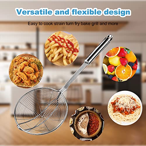 Aettechgd Steel Spider Strainer Skimmer Ladle, Strainer Spider Skimmers for Kitchen Cooking and Frying, Premium Strainer Spoon Diameter: 5.4Inch, Total Length: 15.4Inch