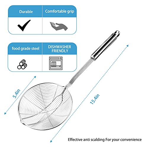 Aettechgd Steel Spider Strainer Skimmer Ladle, Strainer Spider Skimmers for Kitchen Cooking and Frying, Premium Strainer Spoon Diameter: 5.4Inch, Total Length: 15.4Inch