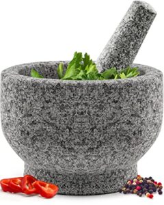 heavy duty natural granite small mortar and pestle set, hand carved, make fresh guacamole at home, solid stone grinder bowl, herb crusher, spice grinder, unpolished grey, 1.5 cup, grey