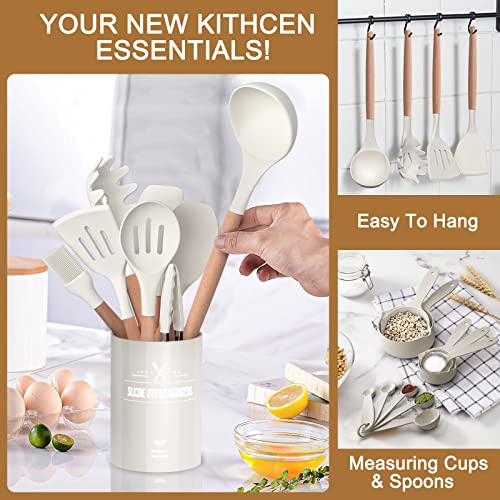 Kitchen Utensils Set, 26 Pcs Non-Stick Silicone Cooking Utensils Spatula Set with Holder, Sturdy Wooden Handle, Heat Resistance Silicone Kitchen Gadgets Utensils Set, White