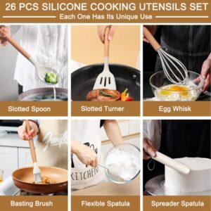 Kitchen Utensils Set, 26 Pcs Non-Stick Silicone Cooking Utensils Spatula Set with Holder, Sturdy Wooden Handle, Heat Resistance Silicone Kitchen Gadgets Utensils Set, White