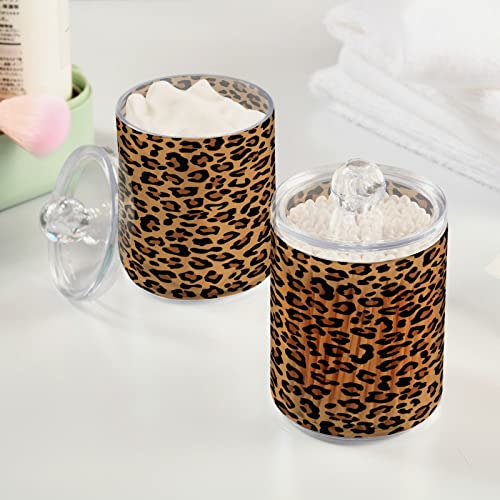 Kigai Leopard Animal Print Qtip Dispenser Apothecary Jars Bathroom, 2 Pack of 14 oz - Qtip Holder Storage Canister Clear Plastic Acrylic Jar for Cotton Ball, Cotton Swab, Cotton Round Pads, Floss