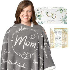 cozygem mom blanket, mom birthday gifts, from daughter or son, best mom cozy throw blankets with letter, mom gifts, love you mom blanket, mothers day blanket, 65x50, fleece - gray