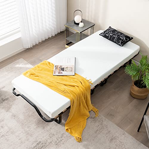 Giantex Folding Bed with Mattress for Adults, Portable Guest Bed with 4 Inch Foam Mattress & Solid Wood Slats, Cot Size Foldable Bed with Lockable Wheels, Rollaway Bed for Home Office, 78 x 31 Inch