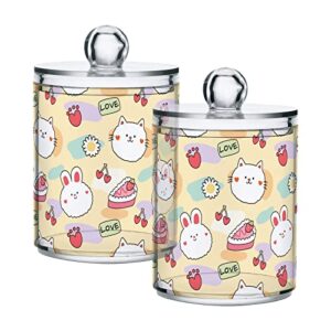 xigua 2 pack cute rabbit and cat apothecary jars with lid, qtip holder storage containers for cotton ball, swabs, pads, clear plastic canisters for bathroom vanity organization (10 oz)