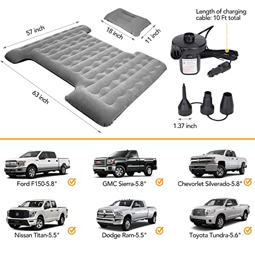 Aotiyer Truck Bed Air Mattress for 5.5-5.8Ft Inflatable Air Mattress for Short Truck Beds Truck Tent Camping Accessories with Pump Pillows Full Size Compatible with F150, Ram, GMC, ect