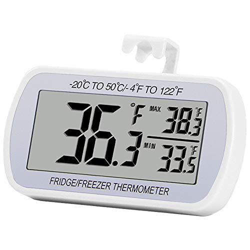 Refrigerator Thermometer Digital Fridge Freeze Room Thermometer Waterproof Large LCD Display Max/Min Record Function, White