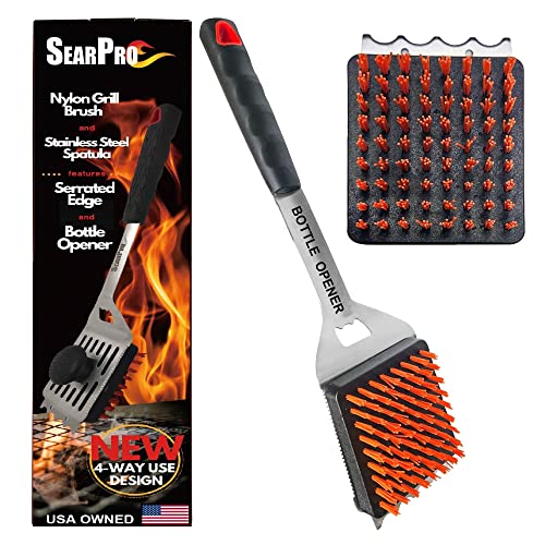 SearPro 4-in1 Grill Brush BBQ Cleaner Scraper Barbecue Tool Accessories Kit Heat Resistant Nylon Bristle Spatula Outdoor Smoker Black Stone Grate Cast Iron Spatula Non-Wire Brush Combo