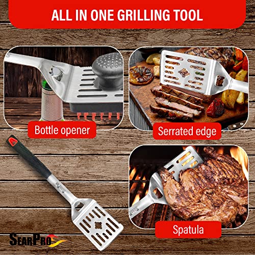 SearPro 4-in1 Grill Brush BBQ Cleaner Scraper Barbecue Tool Accessories Kit Heat Resistant Nylon Bristle Spatula Outdoor Smoker Black Stone Grate Cast Iron Spatula Non-Wire Brush Combo