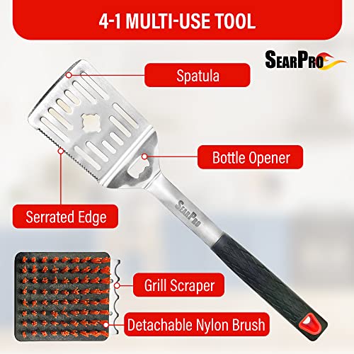 SearPro 4-in1 Grill Brush BBQ Cleaner Scraper Barbecue Tool Accessories Kit Heat Resistant Nylon Bristle Spatula Outdoor Smoker Black Stone Grate Cast Iron Spatula Non-Wire Brush Combo