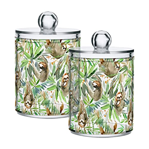 AMmao 2 Pack Cotton Swab Holder Dispenser Bathroom Set Apothecary Jars with Lid Watercolor Sloth Tropical Plant Plastic Bathroom Container Storage Organization for Cotton Ball Rounds Floss